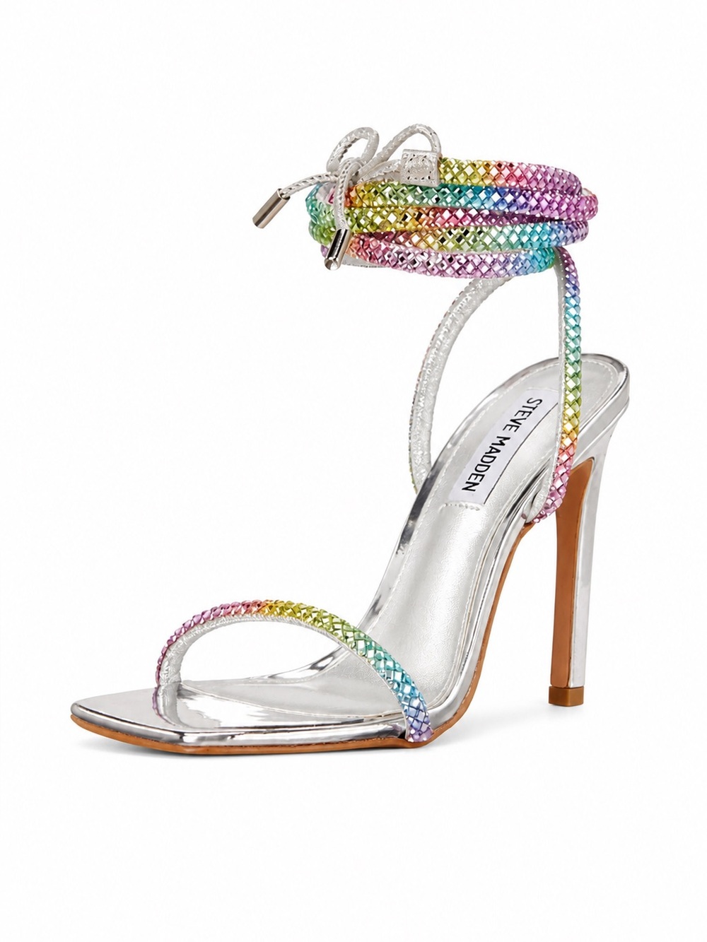Steve Madden Uplift Rainbow Rhinestone Heels Silver Ankle Wrap Size 9.5 NWOB